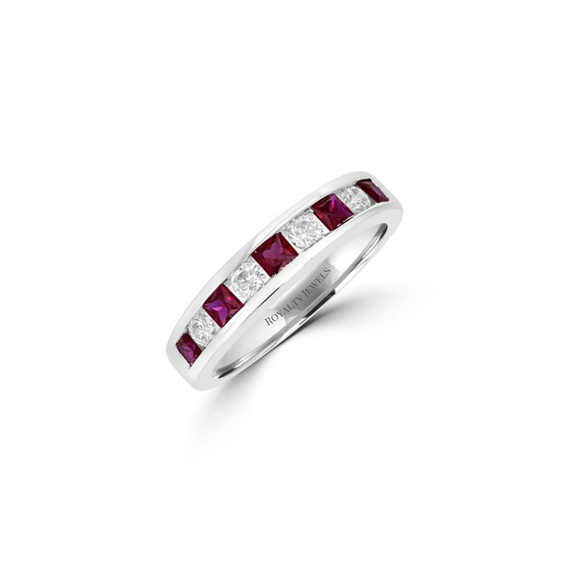 Square ruby and round diamond channel-set band ring in 14K white gold