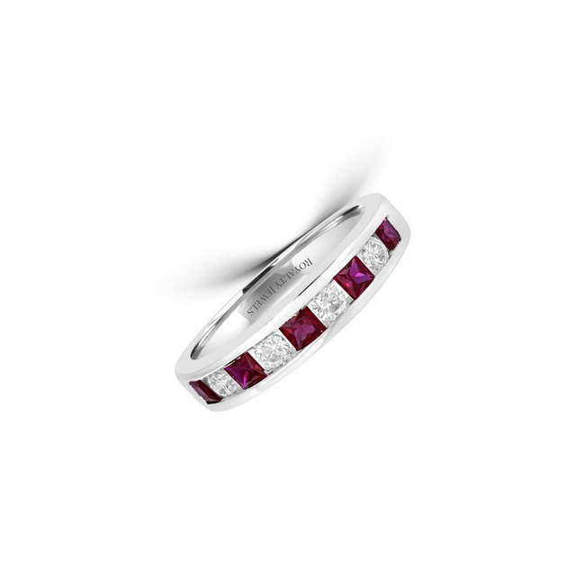 Square ruby and round diamond channel-set band ring in 14K white gold