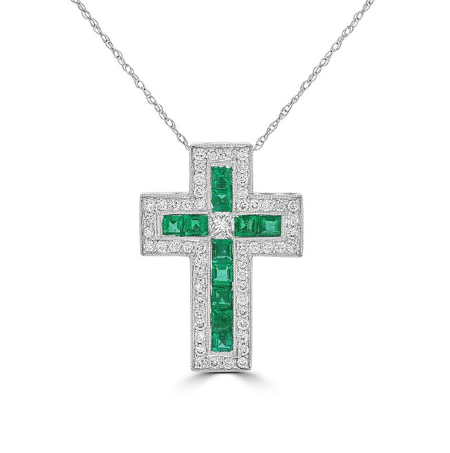 Square emerald and round diamond cross pendant in 14K white gold