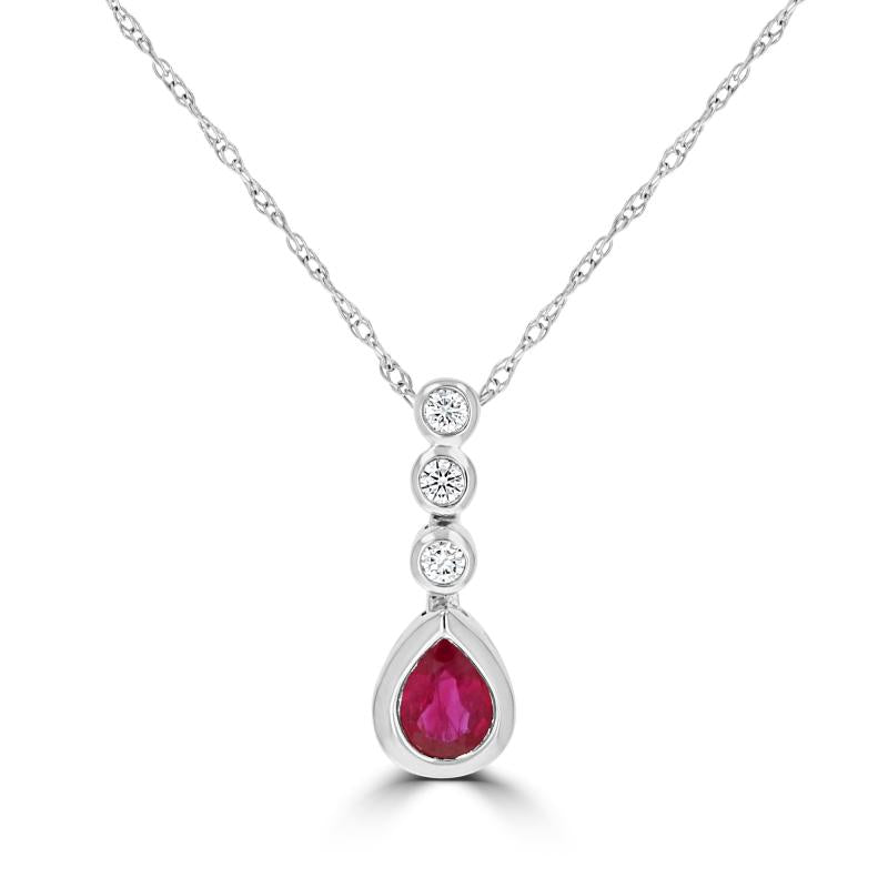 Elegant pear-shaped ruby and bezel-set diamond pendant in 14K white gold