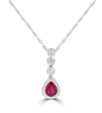 Elegant pear-shaped ruby and bezel-set diamond pendant in 14K white gold