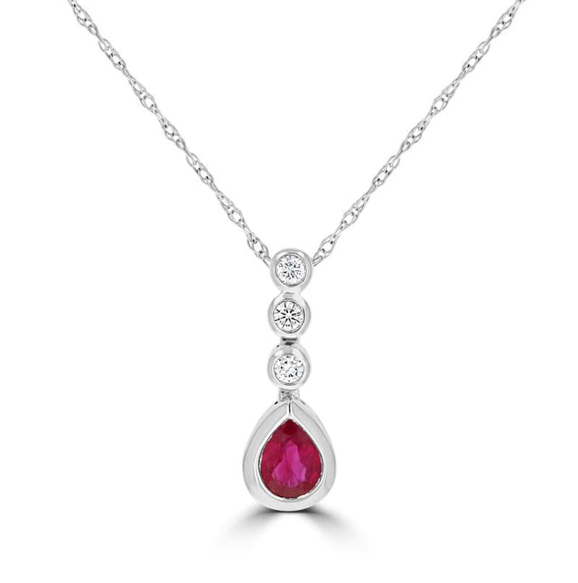 Elegant pear-shaped ruby and bezel-set diamond pendant in 14K white gold