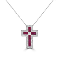 Square ruby and diamond cross pendant set in 14K white gold