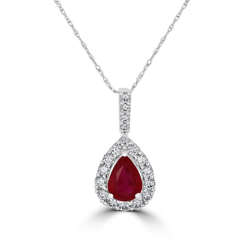 Luxury pear ruby halo pendant in 14K white gold with round diamonds

