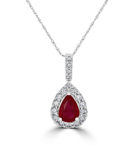 Luxury pear ruby halo pendant in 14K white gold with round diamonds

