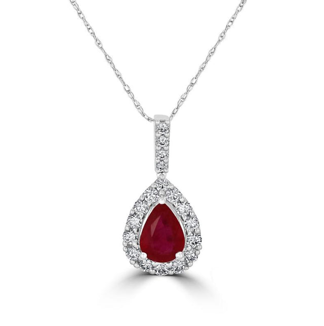 Luxury pear ruby halo pendant in 14K white gold with round diamonds

