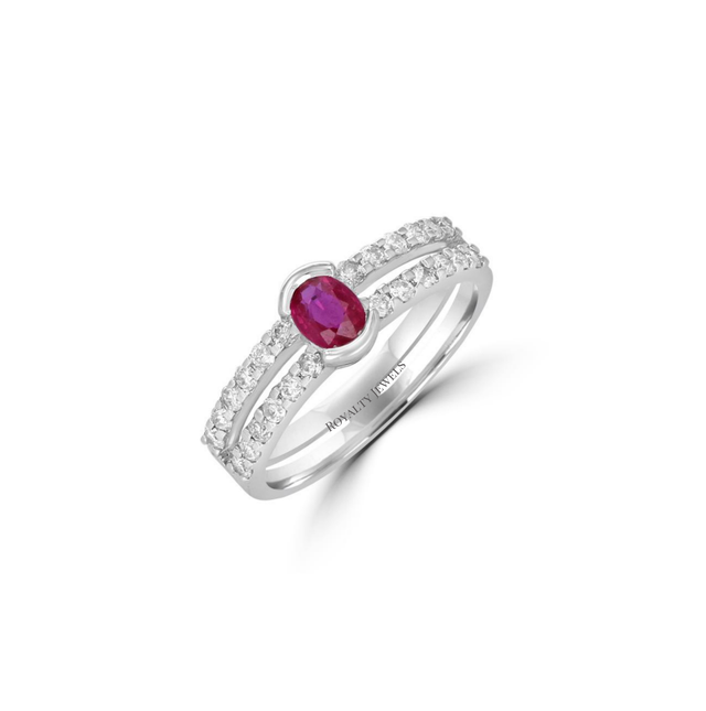 Luxury 14K white gold bezel-set ruby and diamond two-row band ring for women
