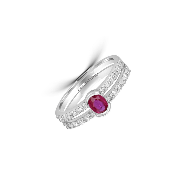Luxury 14K white gold bezel-set ruby and diamond two-row band ring for women