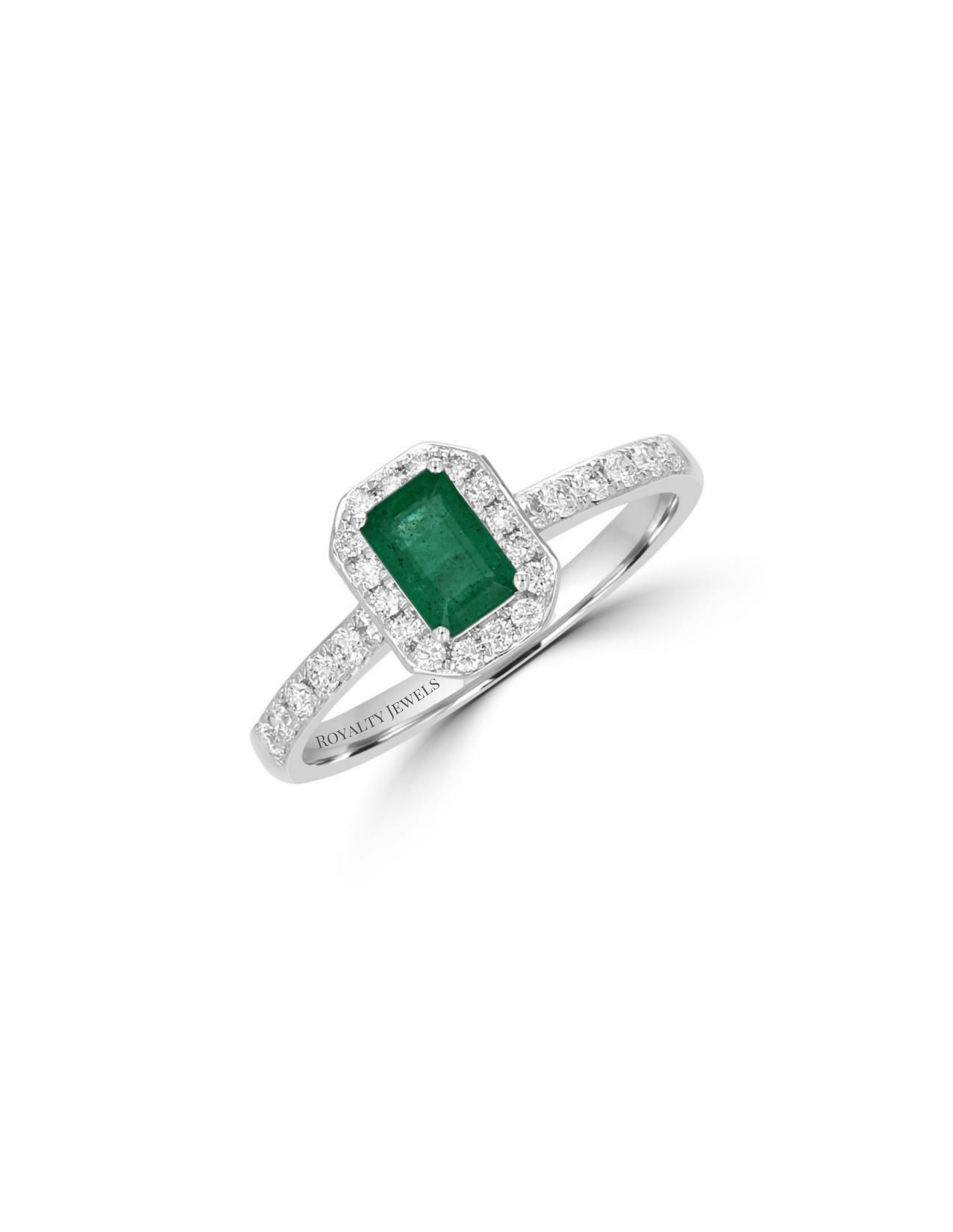 emerald cut emerald halo ring with round diamonds in 14K white gold

