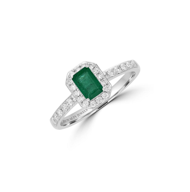 emerald cut emerald halo ring with round diamonds in 14K white gold

