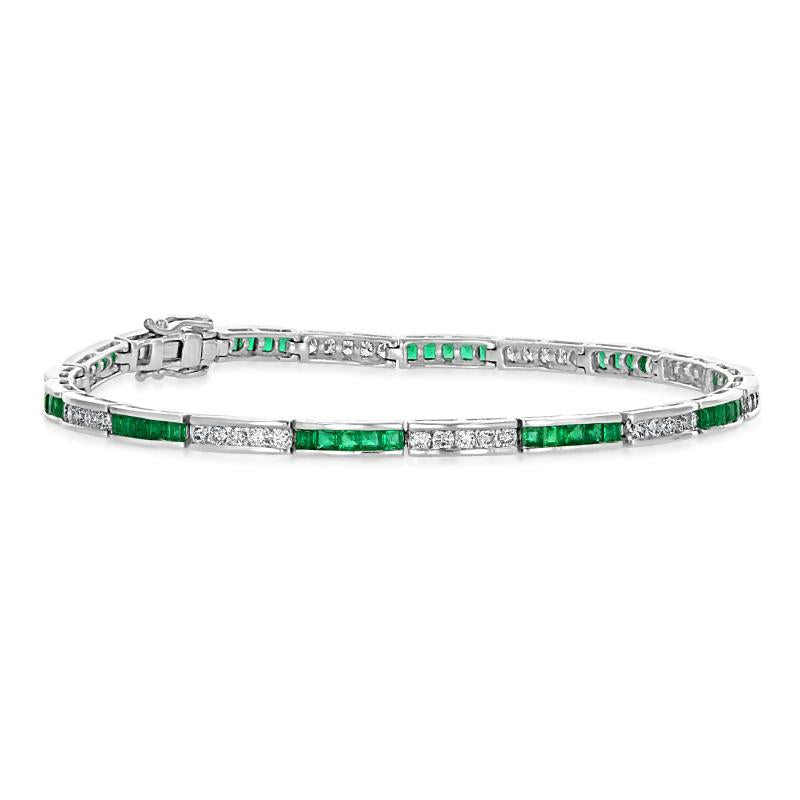 14K Gold Emerald and Diamond Channel-Set Bracelet in White Gold
