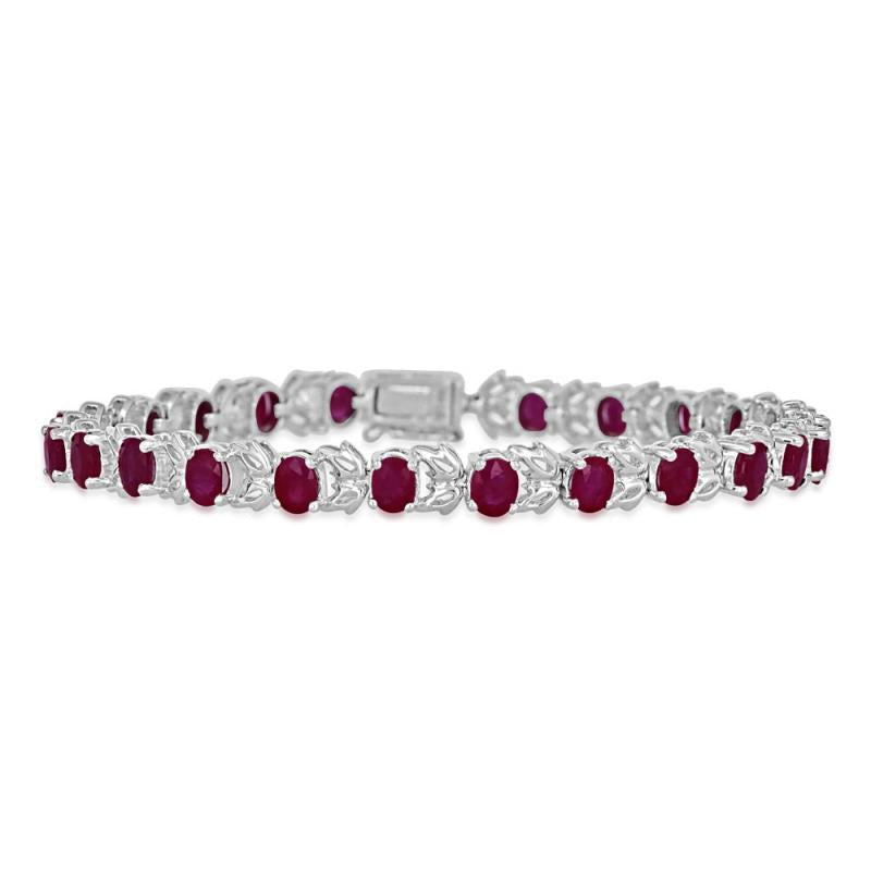 14K White Gold Oval Ruby Leaf Tennis Bracelet