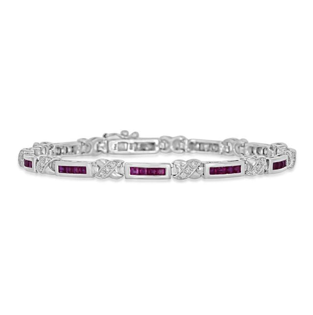 Elegant square ruby and diamond channel bracelet in 14K white gold