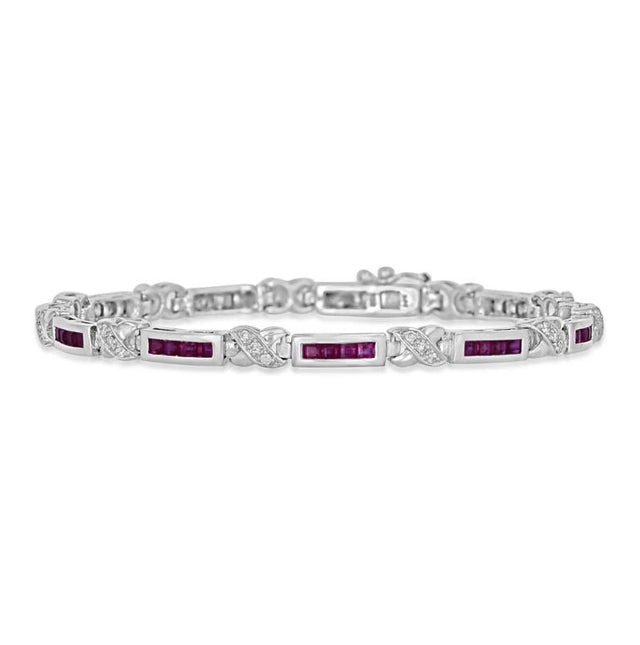 Elegant square ruby and diamond channel bracelet in 14K white gold