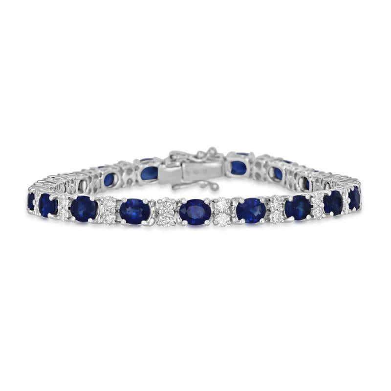 Oval Sapphire and Two Round Diamond Tennis Bracelet in 14K White Gold