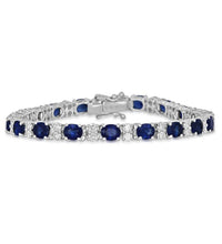 Oval Sapphire and Two Round Diamond Tennis Bracelet in 14K White Gold