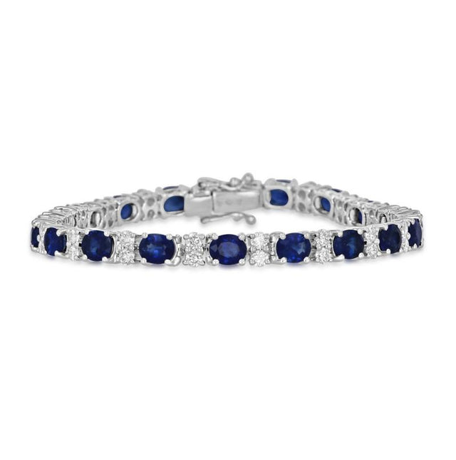 Oval Sapphire and Two Round Diamond Tennis Bracelet in 14K White Gold