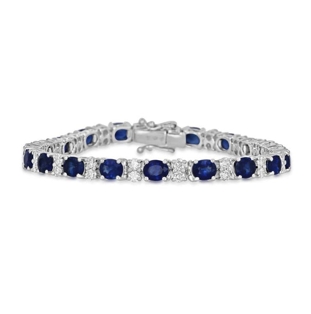 Oval Sapphire and Two Round Diamond Tennis Bracelet in 14K White Gold