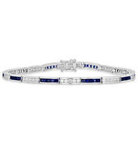 14K gold channel bracelet with round diamonds and square blue sapphires in an elegant setting
