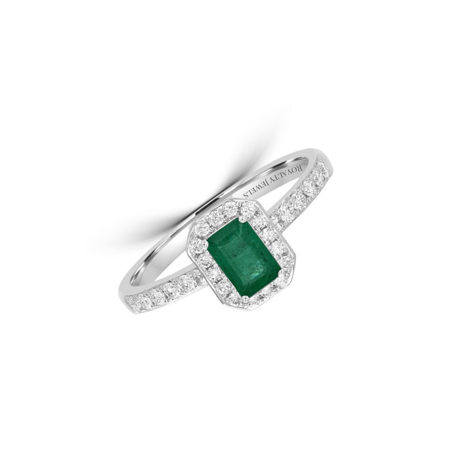 emerald cut emerald halo ring with round diamonds in 14K white gold

