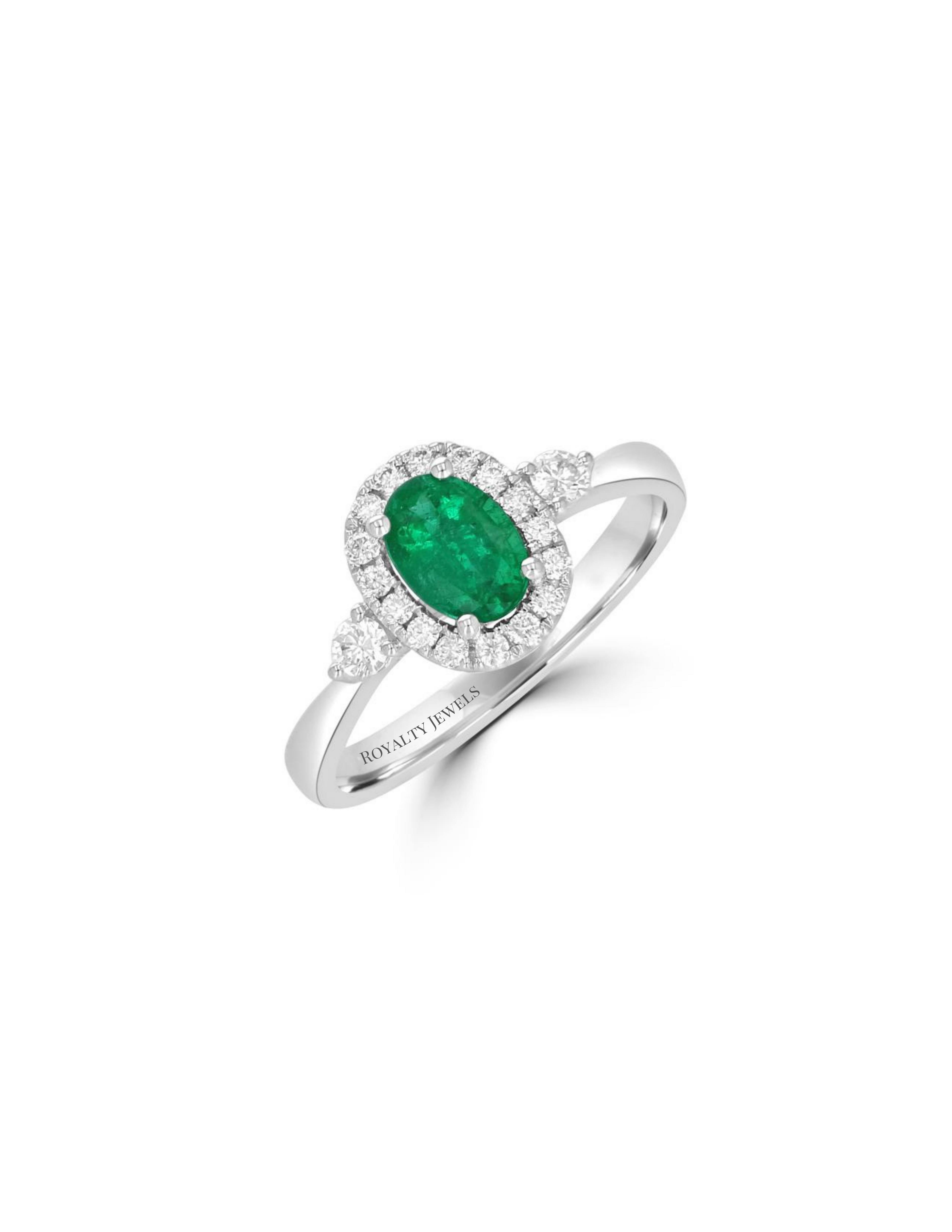 14K gold oval emerald halo ring with two round side diamonds

