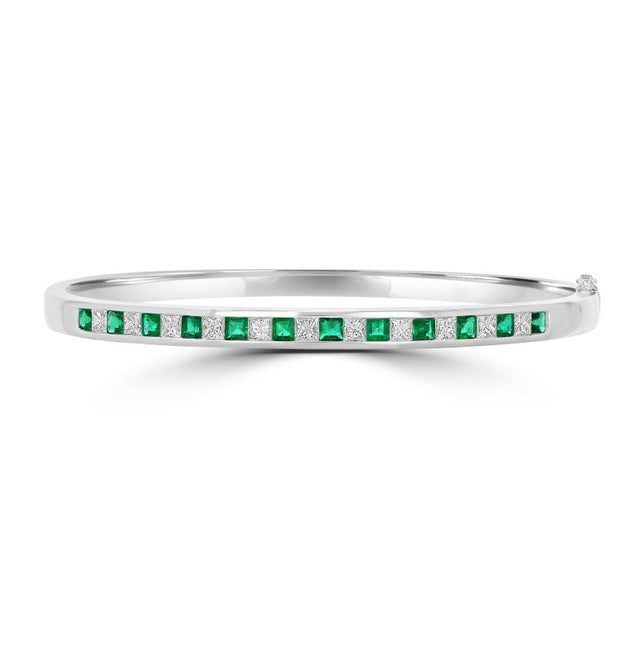 14K white gold bangle bracelet with square emerald and diamond channel setting
