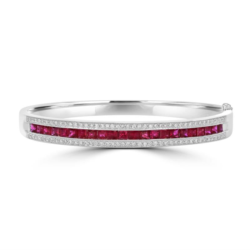 14K White Gold Bangle Bracelet with Channel-Set Rubies and Round Diamonds
