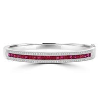 14K White Gold Bangle Bracelet with Channel-Set Rubies and Round Diamonds