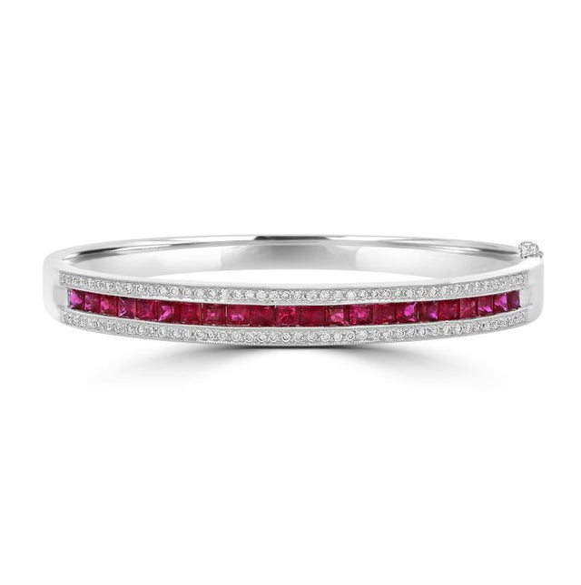14K White Gold Bangle Bracelet with Channel-Set Rubies and Round Diamonds