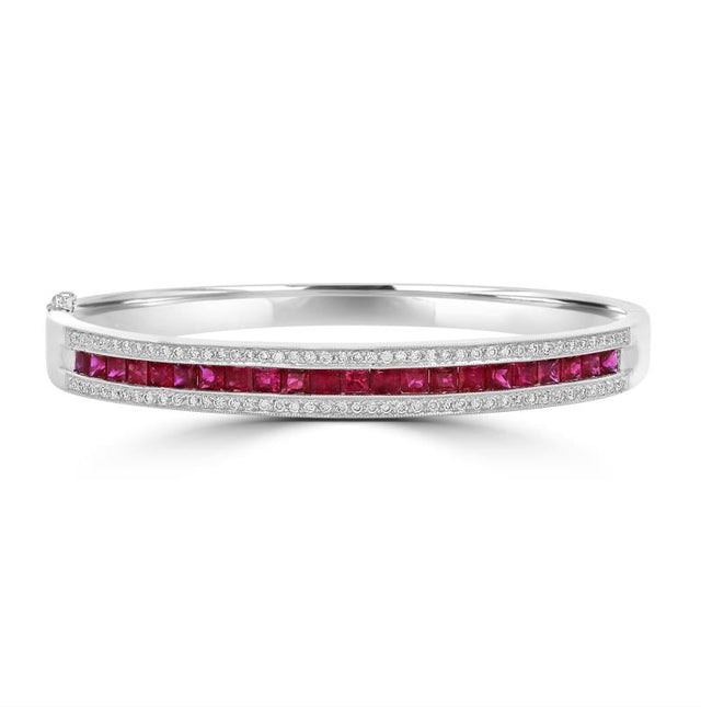 14K White Gold Bangle Bracelet with Channel-Set Rubies and Round Diamonds