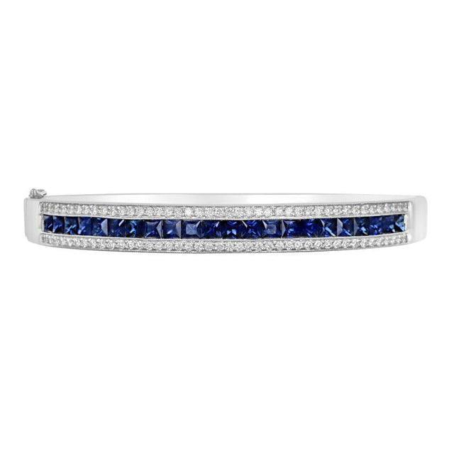 Square sapphire and round diamond bangle bracelet in 14K white gold

