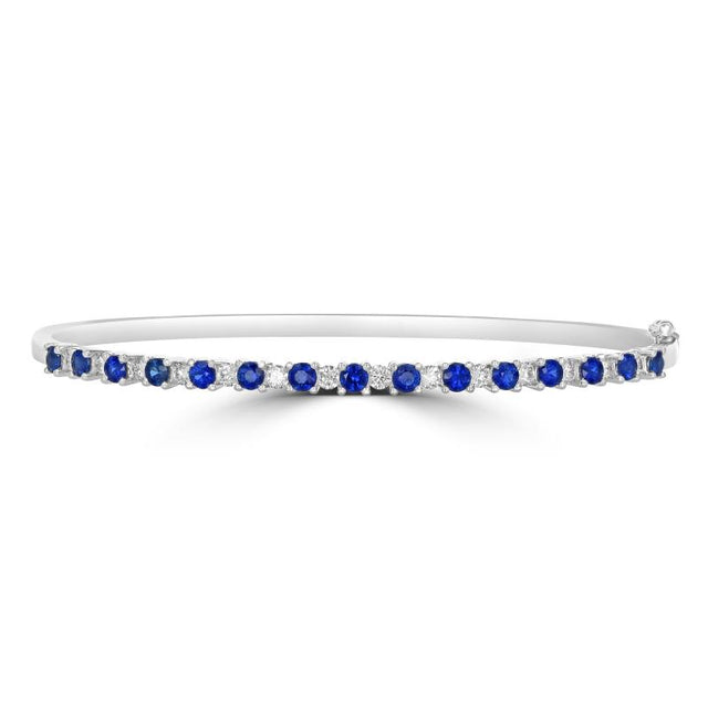 14K white gold bangle bracelet with alternating round sapphires and diamonds in prong setting