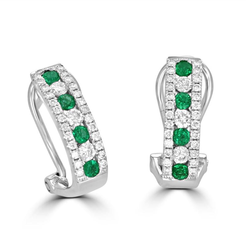 14K white gold omega hoop earrings with round emeralds and diamonds in a double halo prong setting

