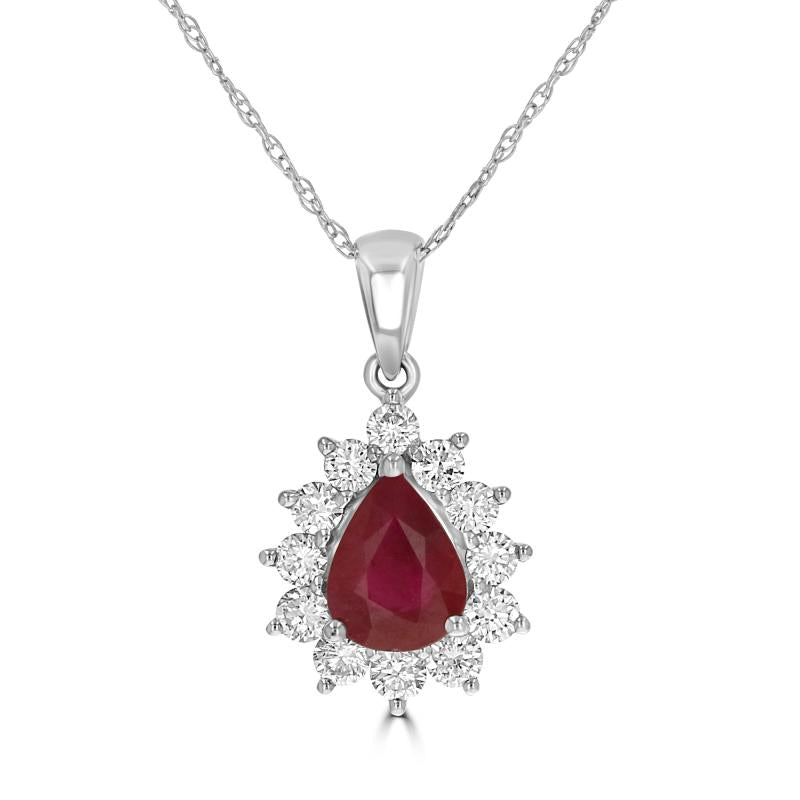 Pear-shaped ruby and diamond halo pendant set in 14K white gold