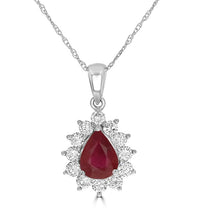 Pear-shaped ruby and diamond halo pendant set in 14K white gold