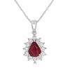 Pear-shaped ruby and diamond halo pendant set in 14K white gold