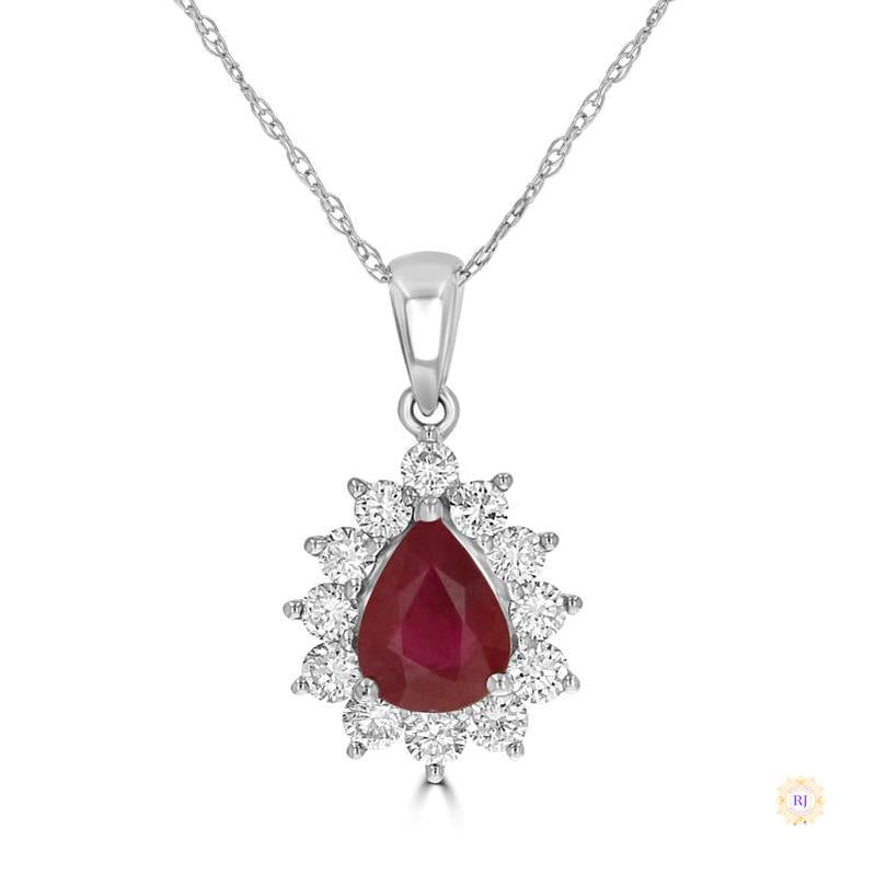 2 ct. Pear Ruby & Diamond Halo Pendant | 14K White Yellow Rose Gold Platinum | IGI Certified