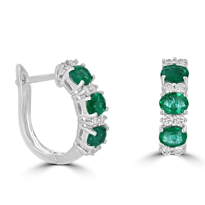 14K white gold hoop earrings featuring oval emeralds and round diamonds in prong setting

