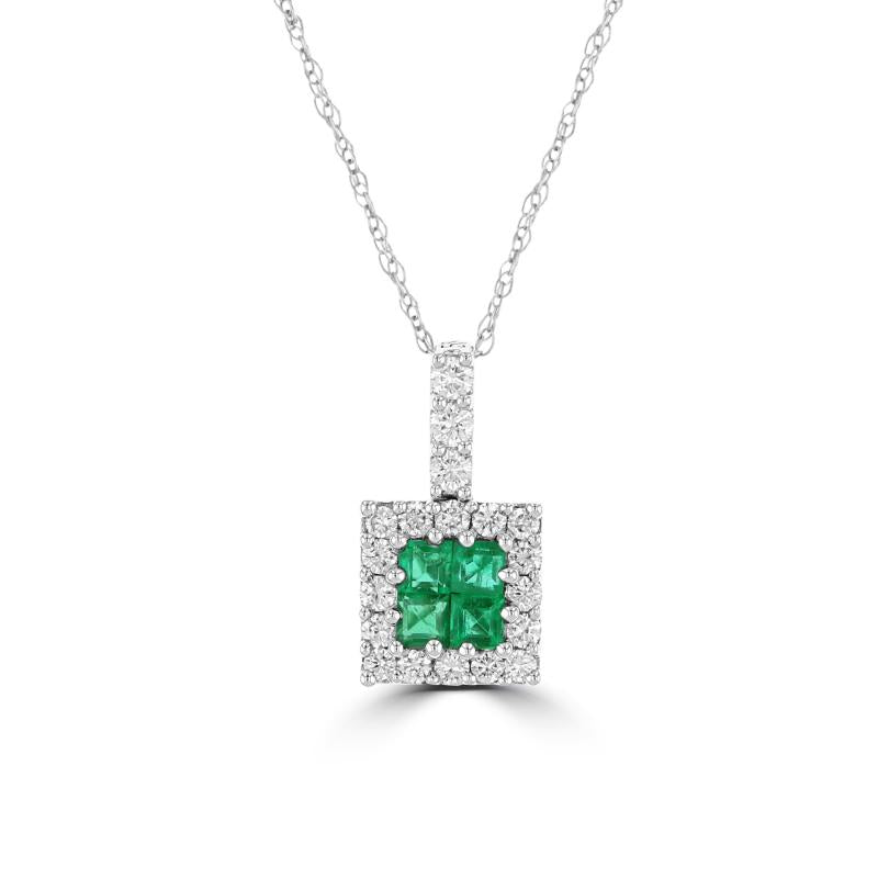 14K white gold pendant with four square emeralds surrounded by round diamonds in a halo design