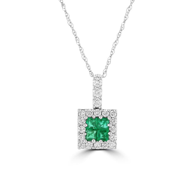 14K white gold pendant with four square emeralds surrounded by round diamonds in a halo design