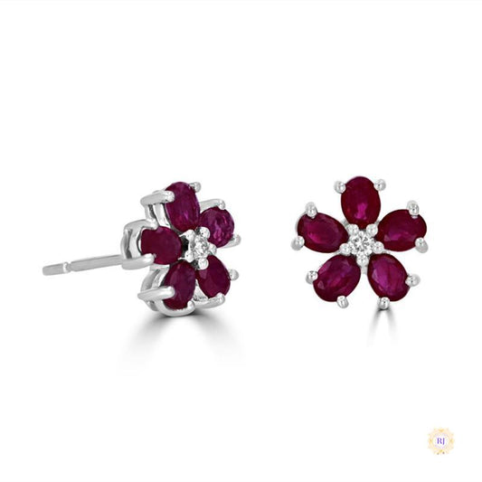 Ruby & Diamond Flower Stud Earrings