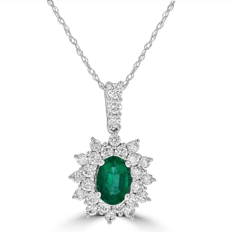 14K gold oval emerald halo pendant with diamond accents on white background