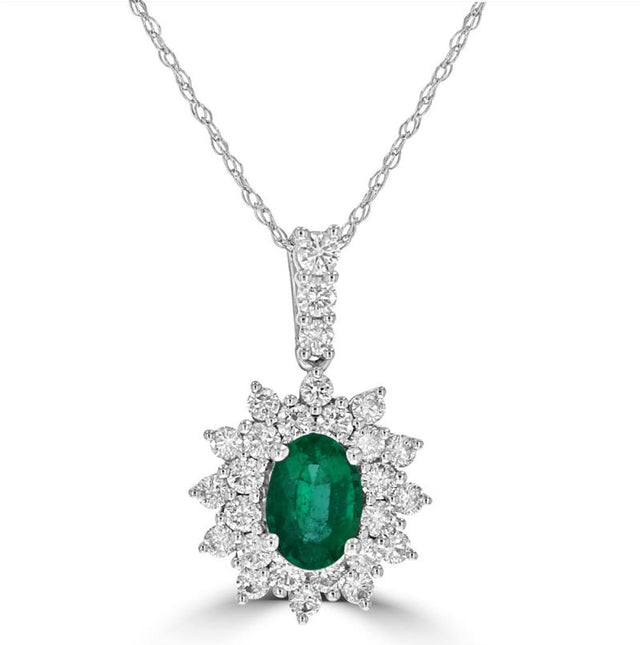 14K gold oval emerald halo pendant with diamond accents on white background