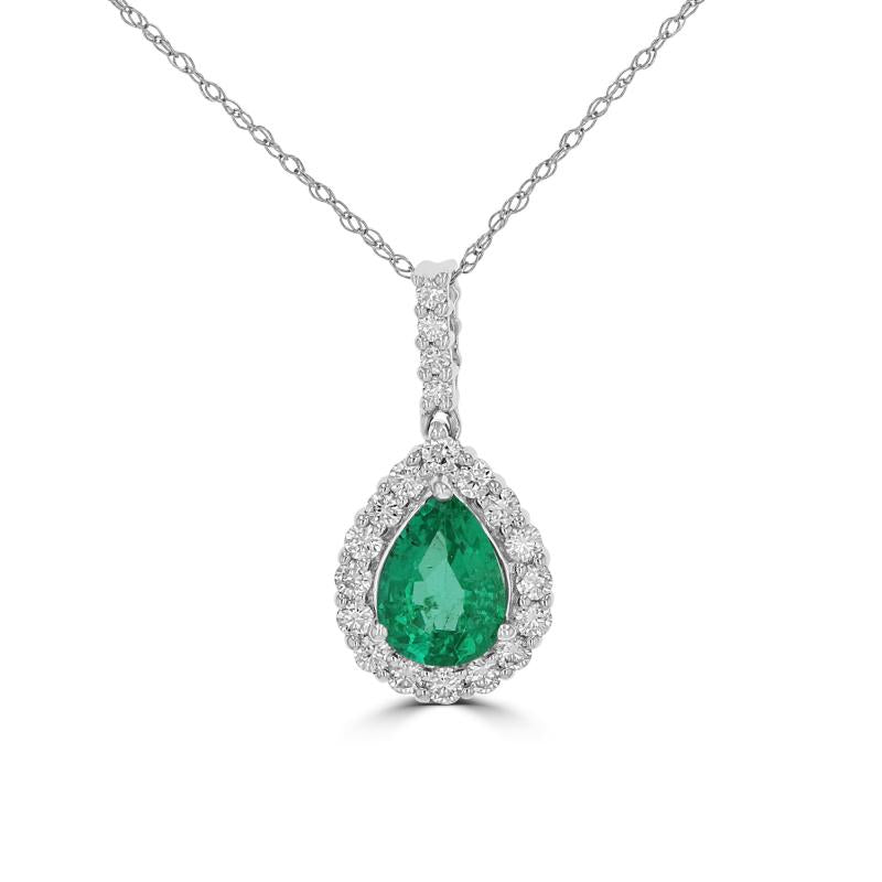 14K white gold teardrop emerald pendant with diamond halo