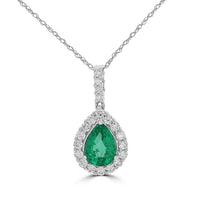 14K white gold teardrop emerald pendant with diamond halo