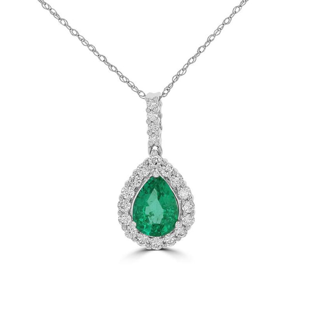 14K white gold teardrop emerald pendant with diamond halo