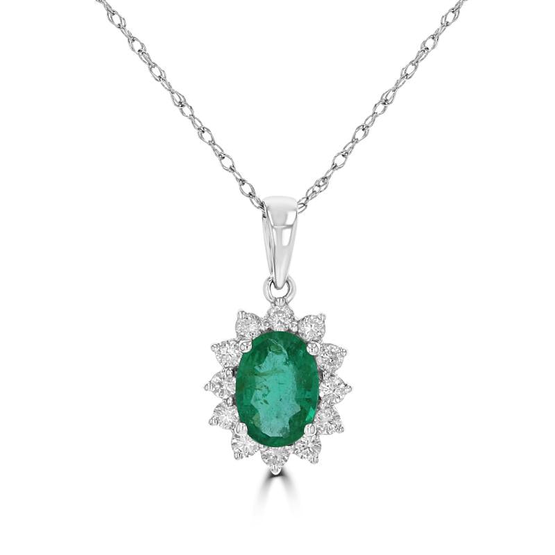 14K white gold oval emerald pendant with diamond halo

