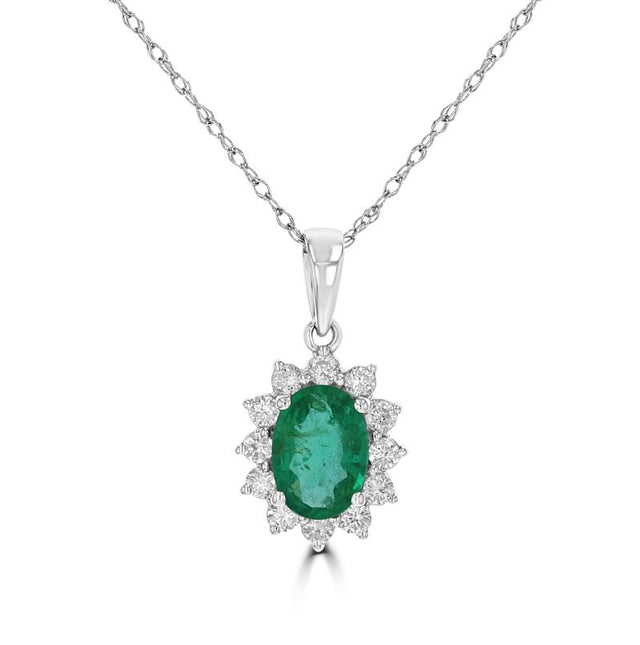 14K white gold oval emerald pendant with diamond halo

