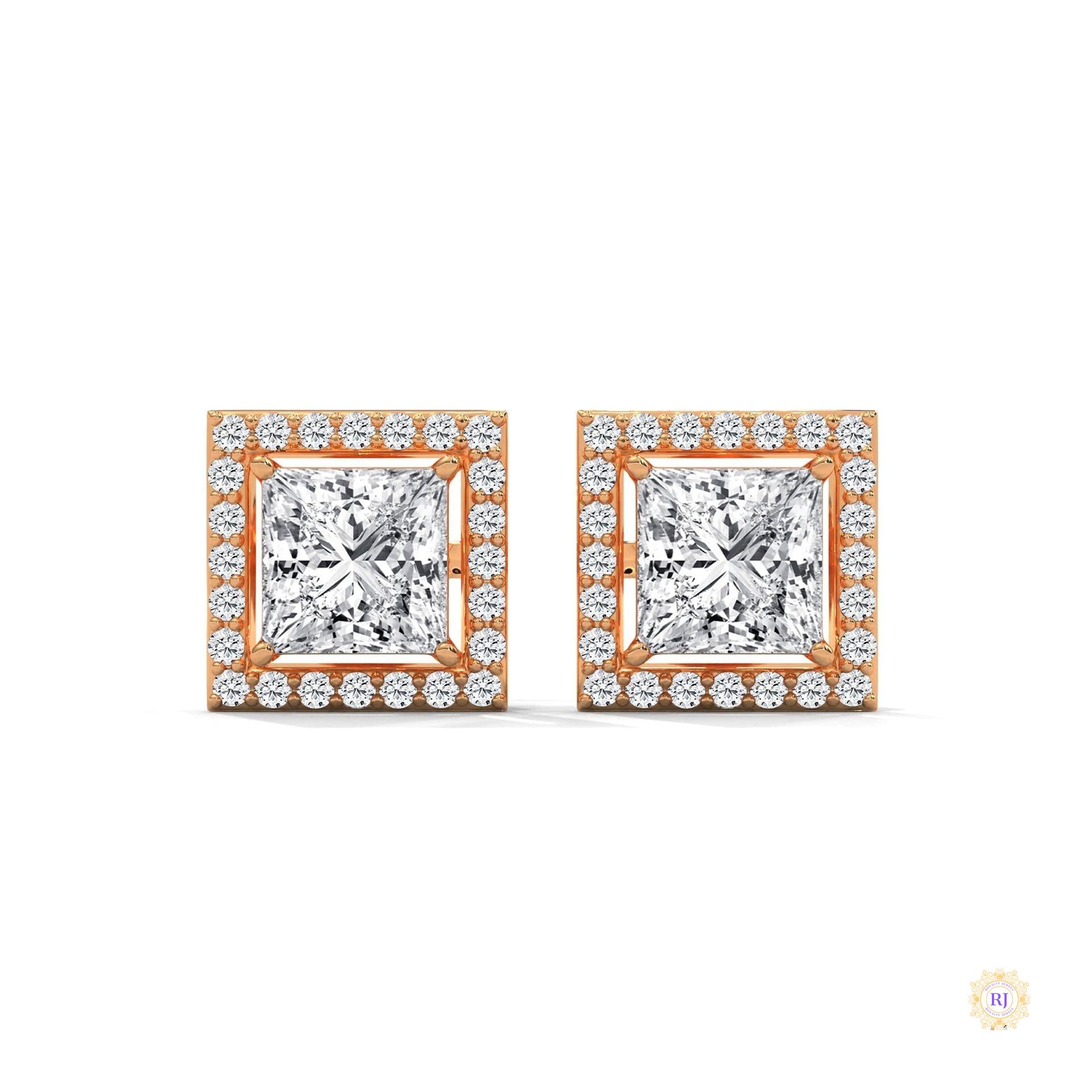 1.30 CT. Princess-Cut Diamond Halo Stud Earrings