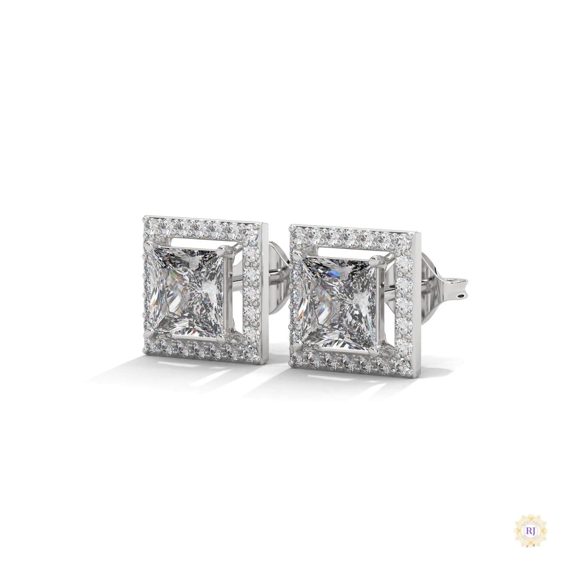 1.30 CT. Princess-Cut Diamond Halo Stud Earrings